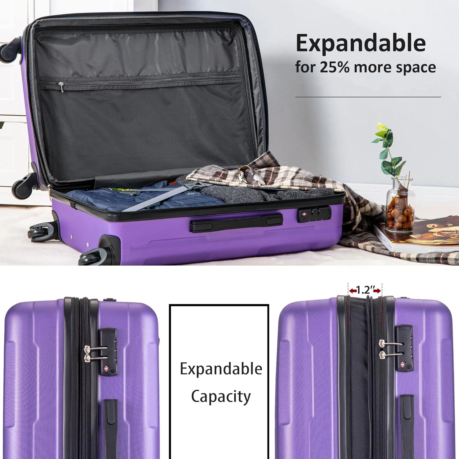 2 Piece Luggage Set with TSA Lock, ABS Lightweight Expandable Suitcase with 360 Degree Spinner Wheels for Travel Business (20" 28") Purple As Shown