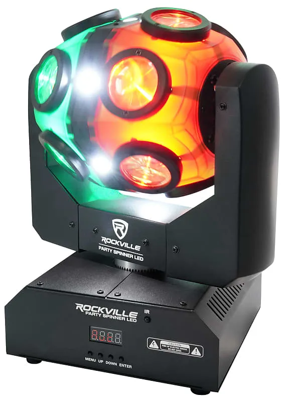 (2) Rockville Party Spinner LED Moving Head RGBW DMX DJ Lights   Bags   Cables (2) PARTY SPINNER LED (2) RLB80 RDX3M25