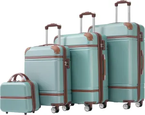 4 Piece Lightweight Spinner Luggage Set with TSA Lock - 20" 24" 28" Suitcase & Cosmetic Bag - Green ABS Hardside Bag