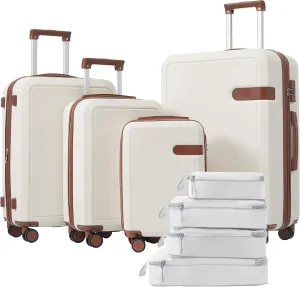 4 Piece Luggage Set with Compression Packing Cubes, Lightweight Expandable Spinner Wheels, Brown and White