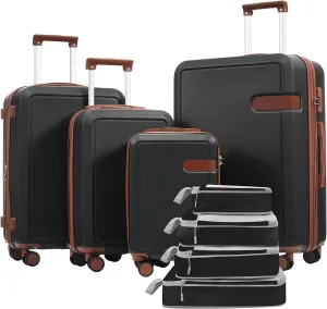 4 Piece Luggage Set with Compression Packing Cubes, Lightweight Expandable Suitcases with 360 Spinner Wheels, Brown and Black