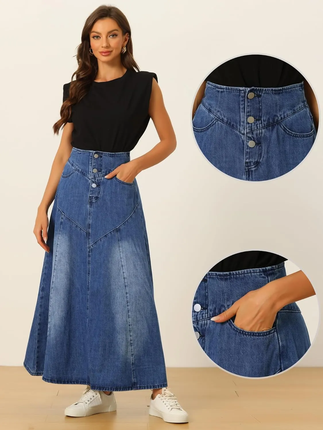 Allegra K Casual Denim Skirt for Women's High Waisted A-Line Flared Maxi Skirts
