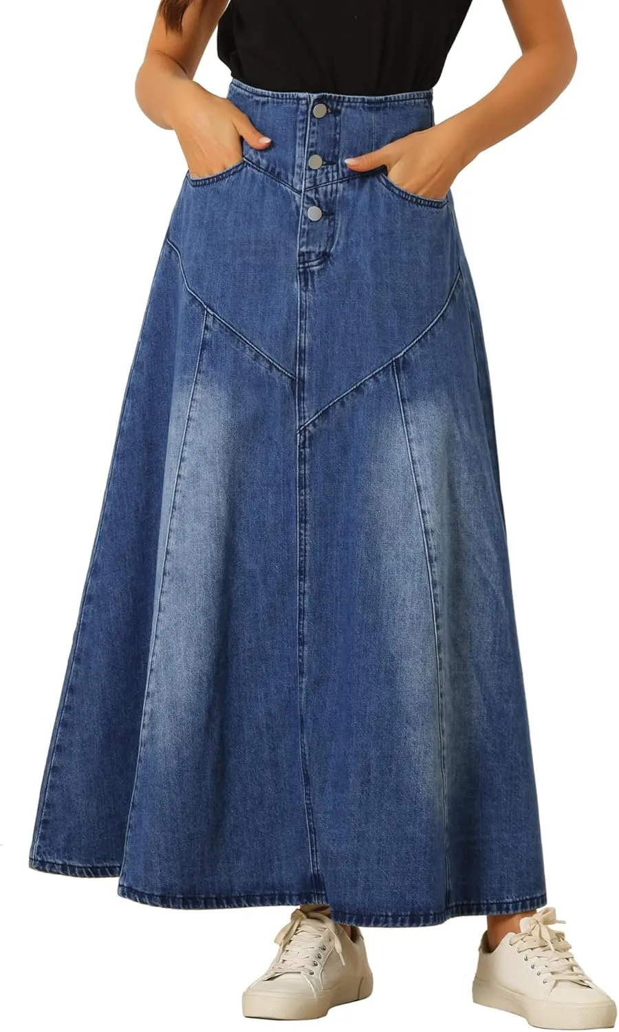 Allegra K Casual Denim Skirt for Women's High Waisted A-Line Flared Maxi Skirts
