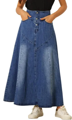 Allegra K Casual Denim Skirt for Women's High Waisted A-Line Flared Maxi Skirts