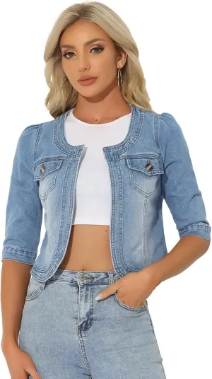 Allegra K Denim Jacket for Women's Collarless 2025 Cardigan 3/4 Sleeve Crop Jean Jackets