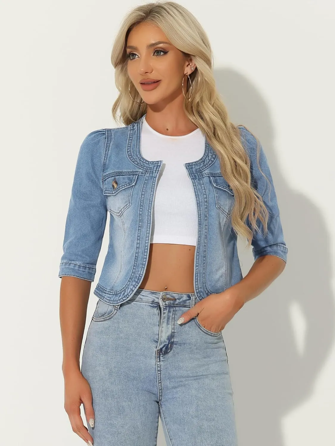 Allegra K Denim Jacket for Women's Collarless 2025 Cardigan 3/4 Sleeve Crop Jean Jackets
