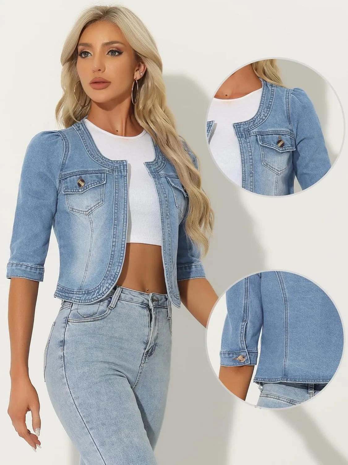 Allegra K Denim Jacket for Women's Collarless 2025 Cardigan 3/4 Sleeve Crop Jean Jackets