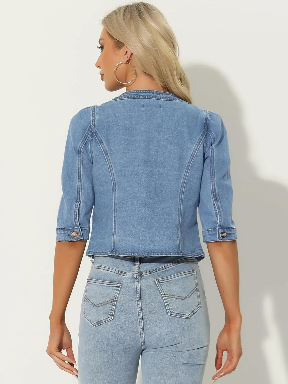Allegra K Denim Jacket for Women's Collarless 2025 Cardigan 3/4 Sleeve Crop Jean Jackets