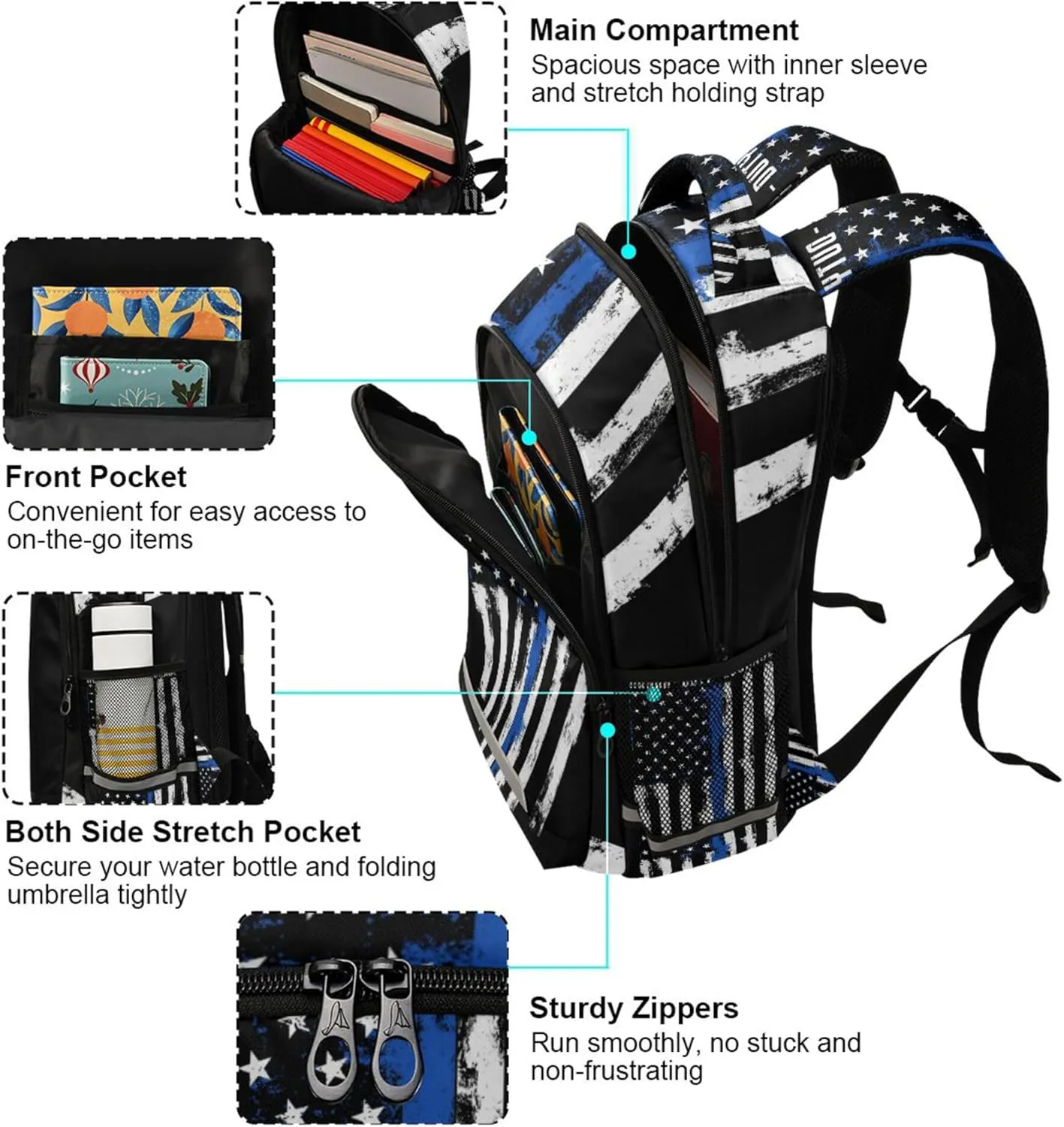American Flag Backpack for Girls Kids Boys School Bookbags, Student Laptop Backpack Carrying Bag Casual Lightweight Travel Sports Day Packs