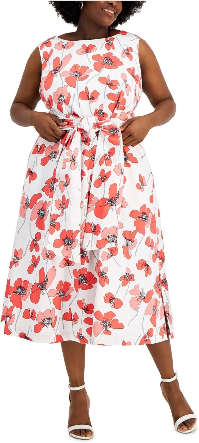 Anne Klein Womens White Pocketed Tie Front Slit Hems Lined Floral Sleeveless Round Neck Midi Wear to Work Fit   Flare Dress Plus 2X