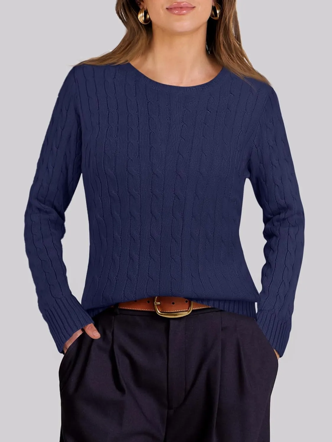 ANRABESS Womens Long Sleeve Cable Knit Sweater Jumper Crewneck Pullover Soft Dressy Casual Tops Cute 2024 Fall Trendy Outfits