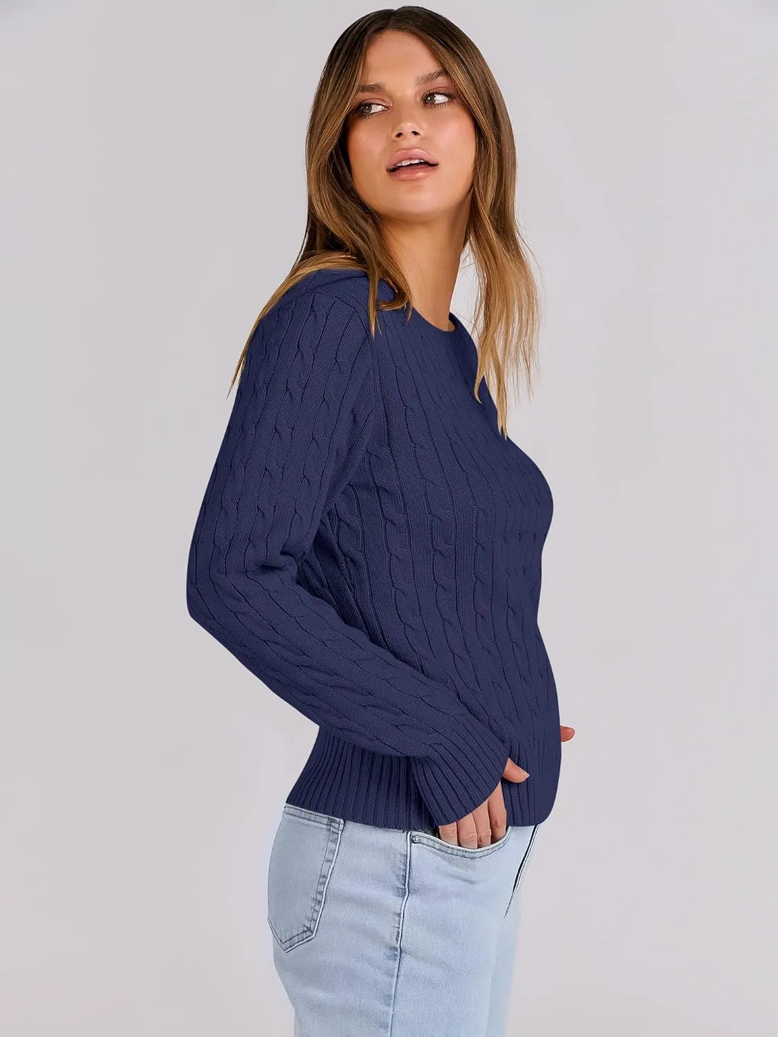 ANRABESS Womens Long Sleeve Cable Knit Sweater Jumper Crewneck Pullover Soft Dressy Casual Tops Cute 2024 Fall Trendy Outfits