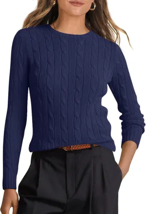 ANRABESS Womens Long Sleeve Cable Knit Sweater Jumper Crewneck Pullover Soft Dressy Casual Tops Cute 2024 Fall Trendy Outfits