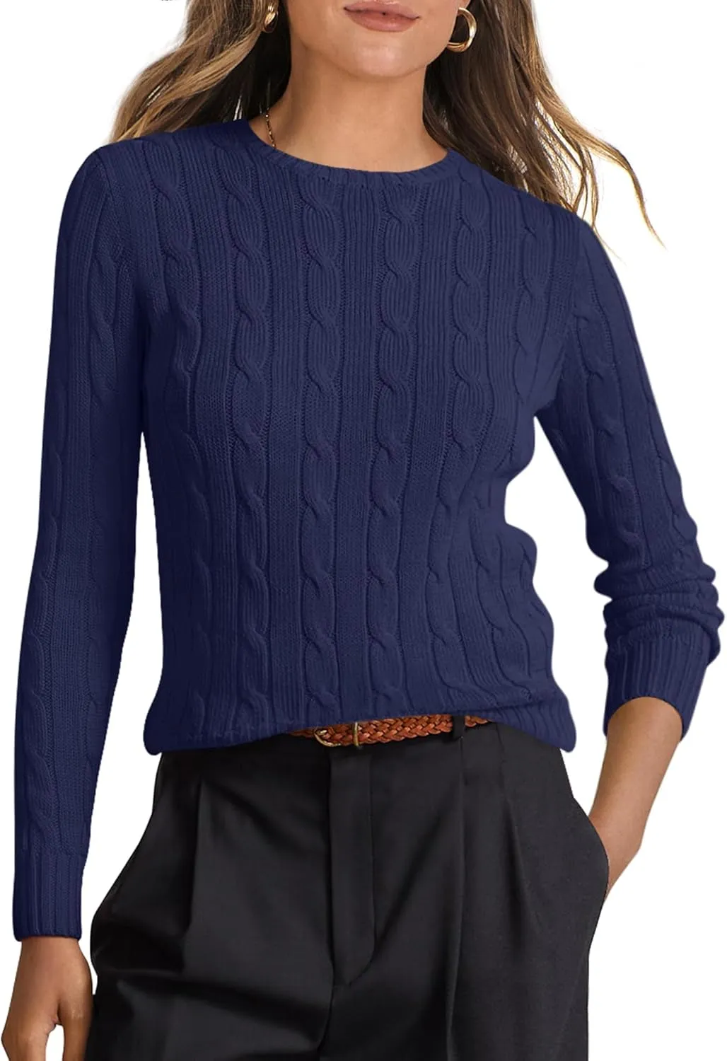 ANRABESS Womens Long Sleeve Cable Knit Sweater Jumper Crewneck Pullover Soft Dressy Casual Tops Cute 2024 Fall Trendy Outfits