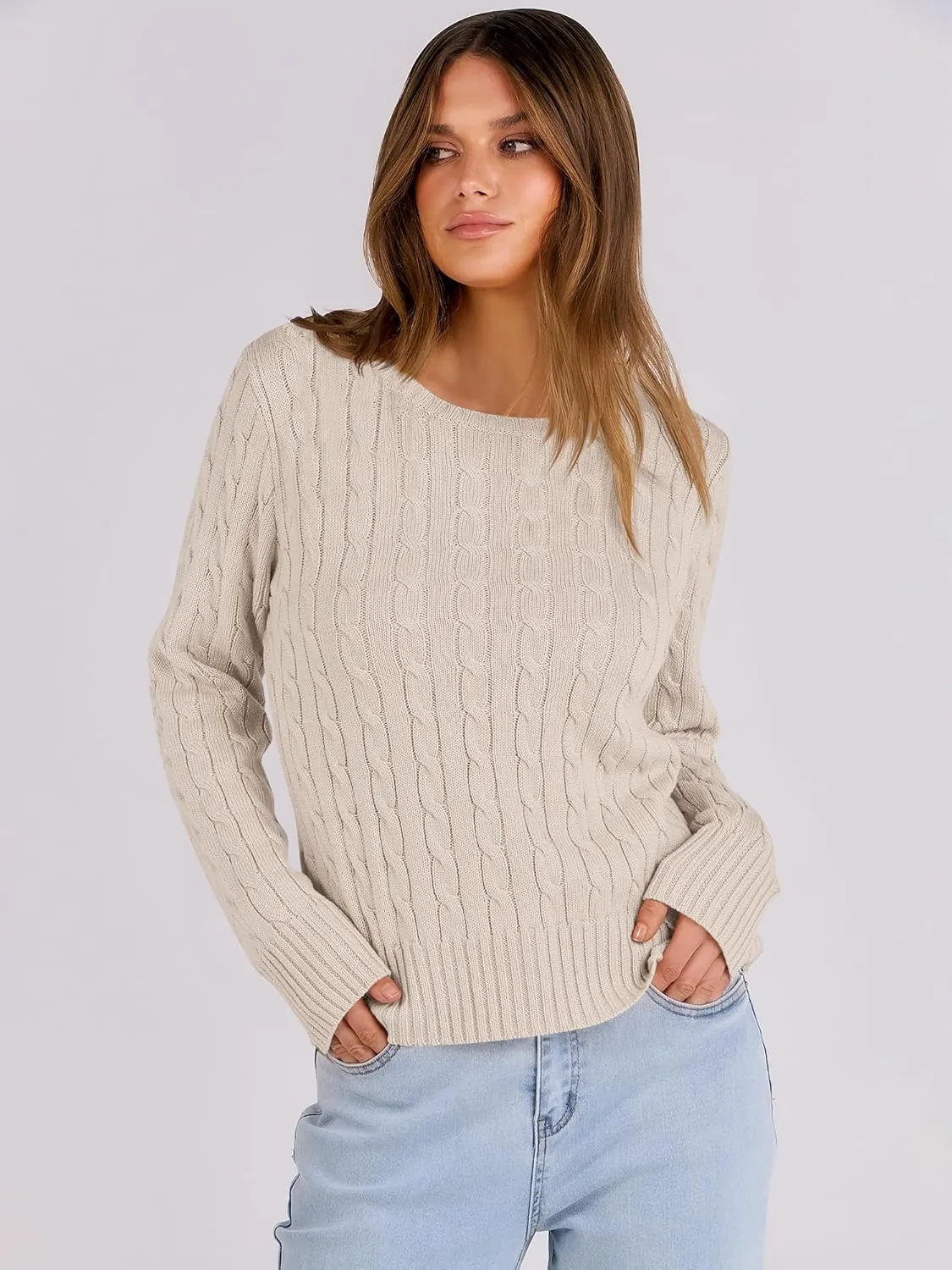 ANRABESS Womens Long Sleeve Cable Knit Sweater Jumper Crewneck Pullover Soft Dressy Casual Tops Cute 2024 Fall Trendy Outfits