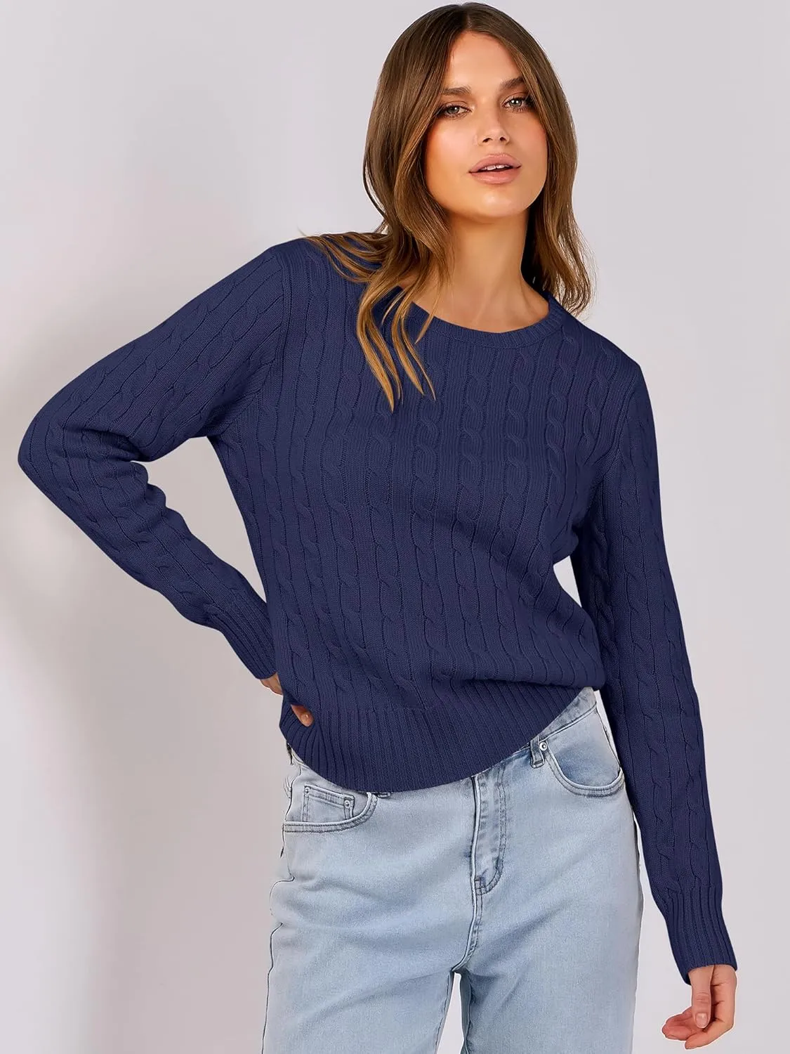 ANRABESS Womens Long Sleeve Cable Knit Sweater Jumper Crewneck Pullover Soft Dressy Casual Tops Cute 2024 Fall Trendy Outfits