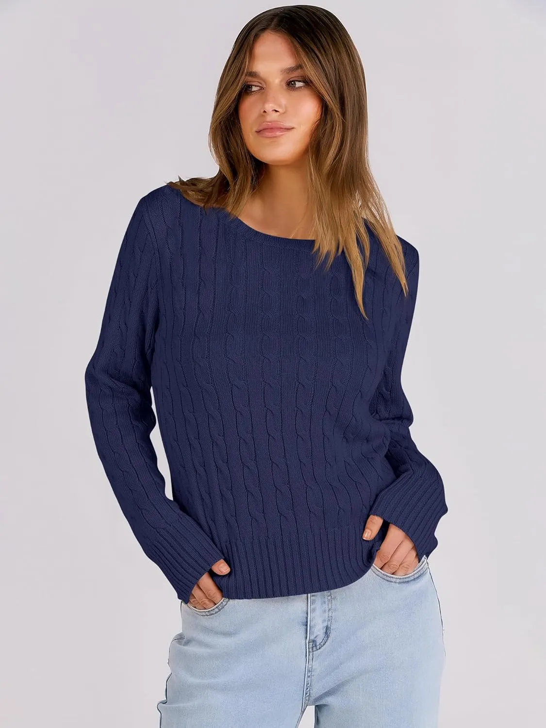 ANRABESS Womens Long Sleeve Cable Knit Sweater Jumper Crewneck Pullover Soft Dressy Casual Tops Cute 2024 Fall Trendy Outfits