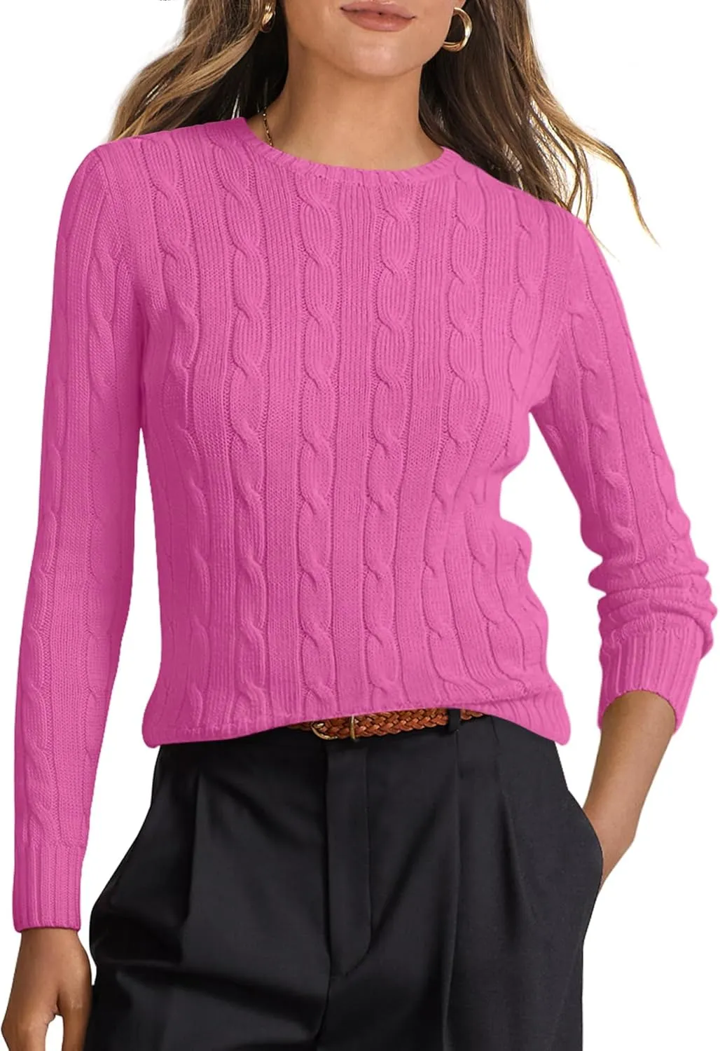 ANRABESS Womens Long Sleeve Cable Knit Sweater Jumper Crewneck Pullover Soft Dressy Casual Tops Cute 2024 Fall Trendy Outfits