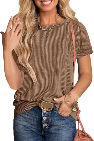 ANRABESS Womens Short Sleeve Crewneck Shirts Ribbed Knit High Low Hem T Shirt 2025 Summer Spring Casual Tops Trendy Clothes