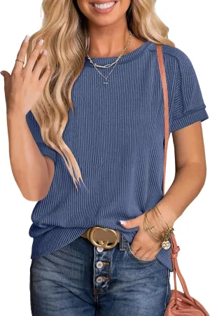 ANRABESS Womens Short Sleeve Crewneck Shirts Ribbed Knit High Low Hem T Shirt 2025 Summer Spring Casual Tops Trendy Clothes
