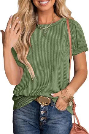 ANRABESS Womens Short Sleeve Crewneck Shirts Ribbed Knit High Low Hem T Shirt 2025 Summer Spring Casual Tops Trendy Clothes