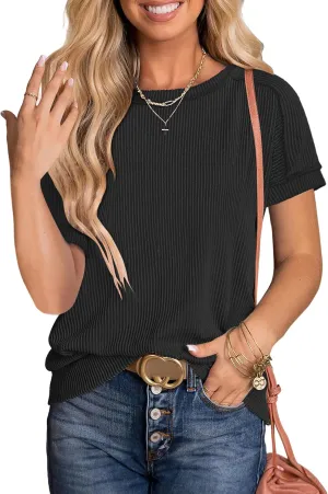 ANRABESS Womens Short Sleeve Crewneck Shirts Ribbed Knit High Low Hem T Shirt 2025 Summer Spring Casual Tops Trendy Clothes