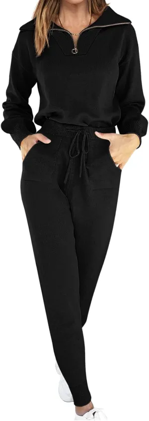 ANRABESS Women's Two Piece Outfits Sweater Sets Long Sleeve Zip Up Knit Pullover Jogger Pants Tracksuit 2024 Fall Lounge Sets
