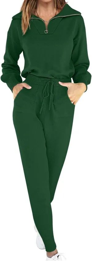 ANRABESS Women's Two Piece Outfits Sweater Sets Long Sleeve Zip Up Knit Pullover Jogger Pants Tracksuit 2024 Fall Lounge Sets