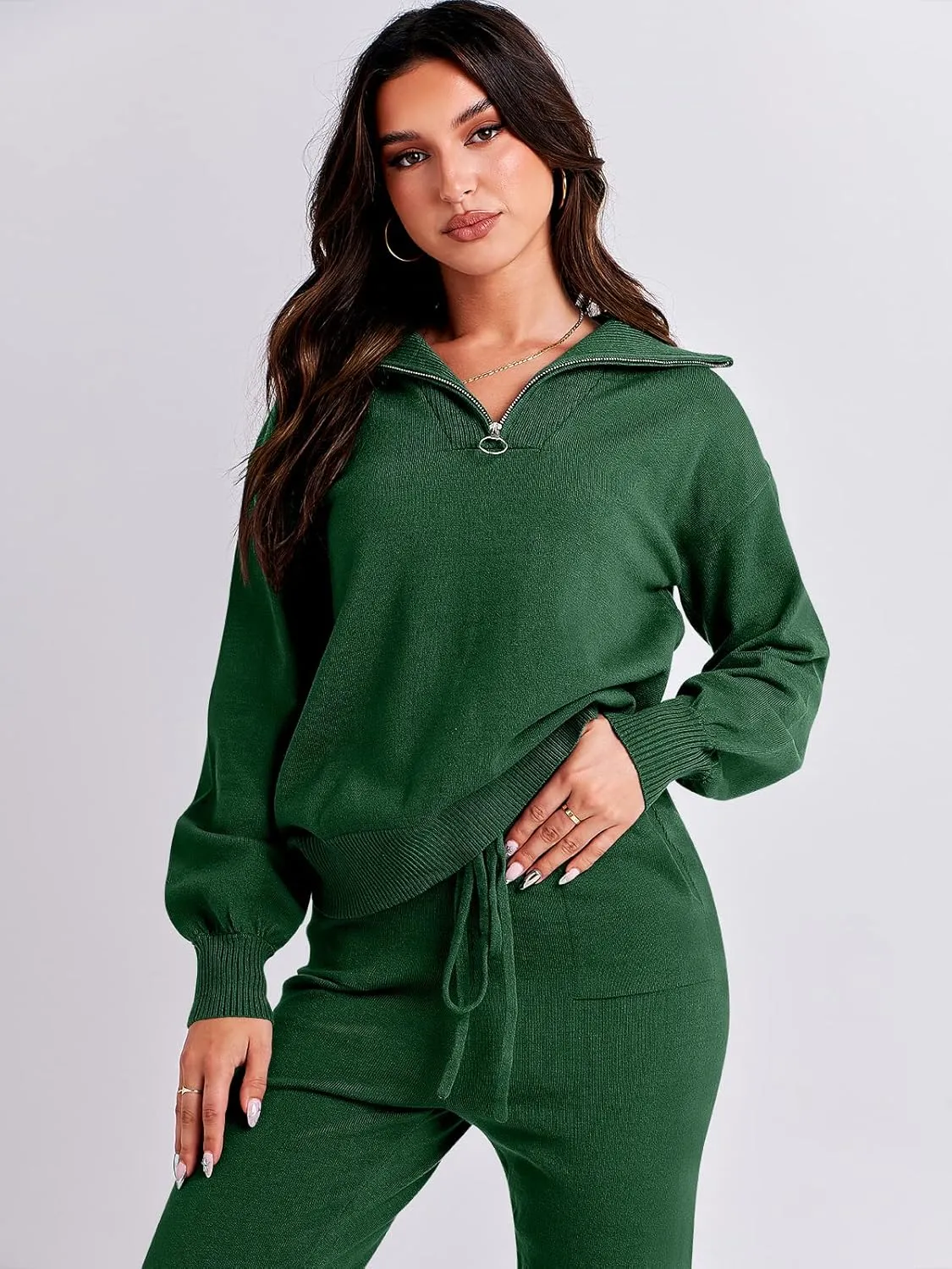 ANRABESS Women's Two Piece Outfits Sweater Sets Long Sleeve Zip Up Knit Pullover Jogger Pants Tracksuit 2024 Fall Lounge Sets