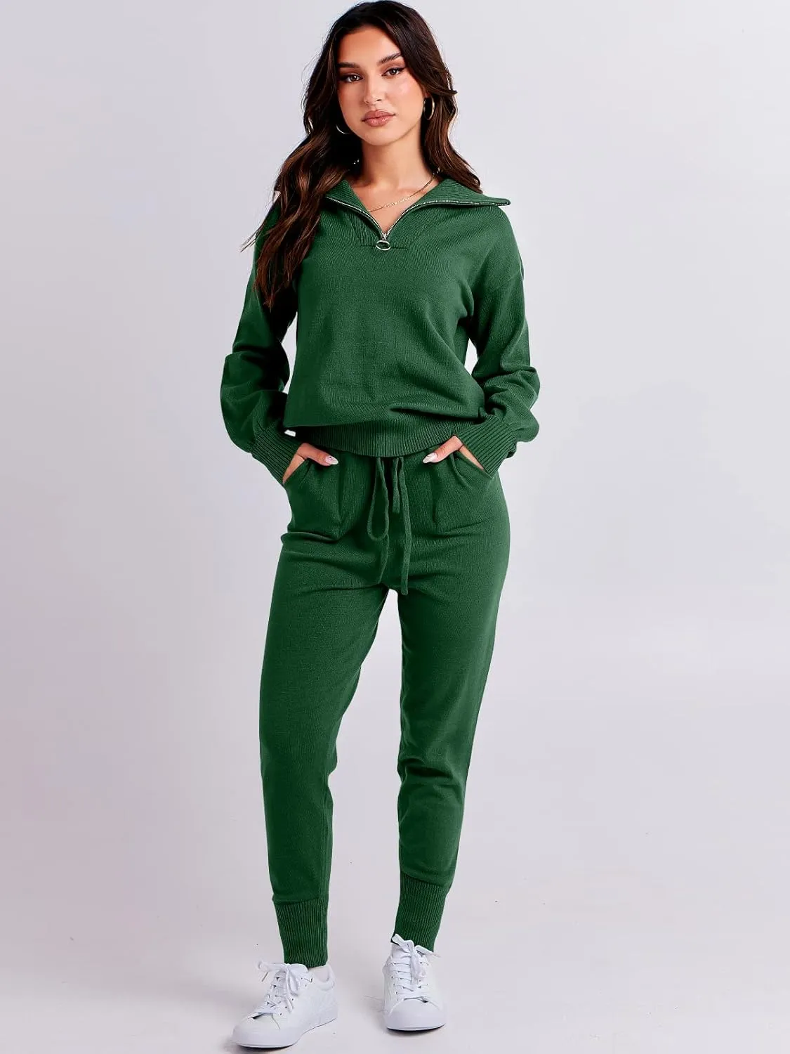 ANRABESS Women's Two Piece Outfits Sweater Sets Long Sleeve Zip Up Knit Pullover Jogger Pants Tracksuit 2024 Fall Lounge Sets
