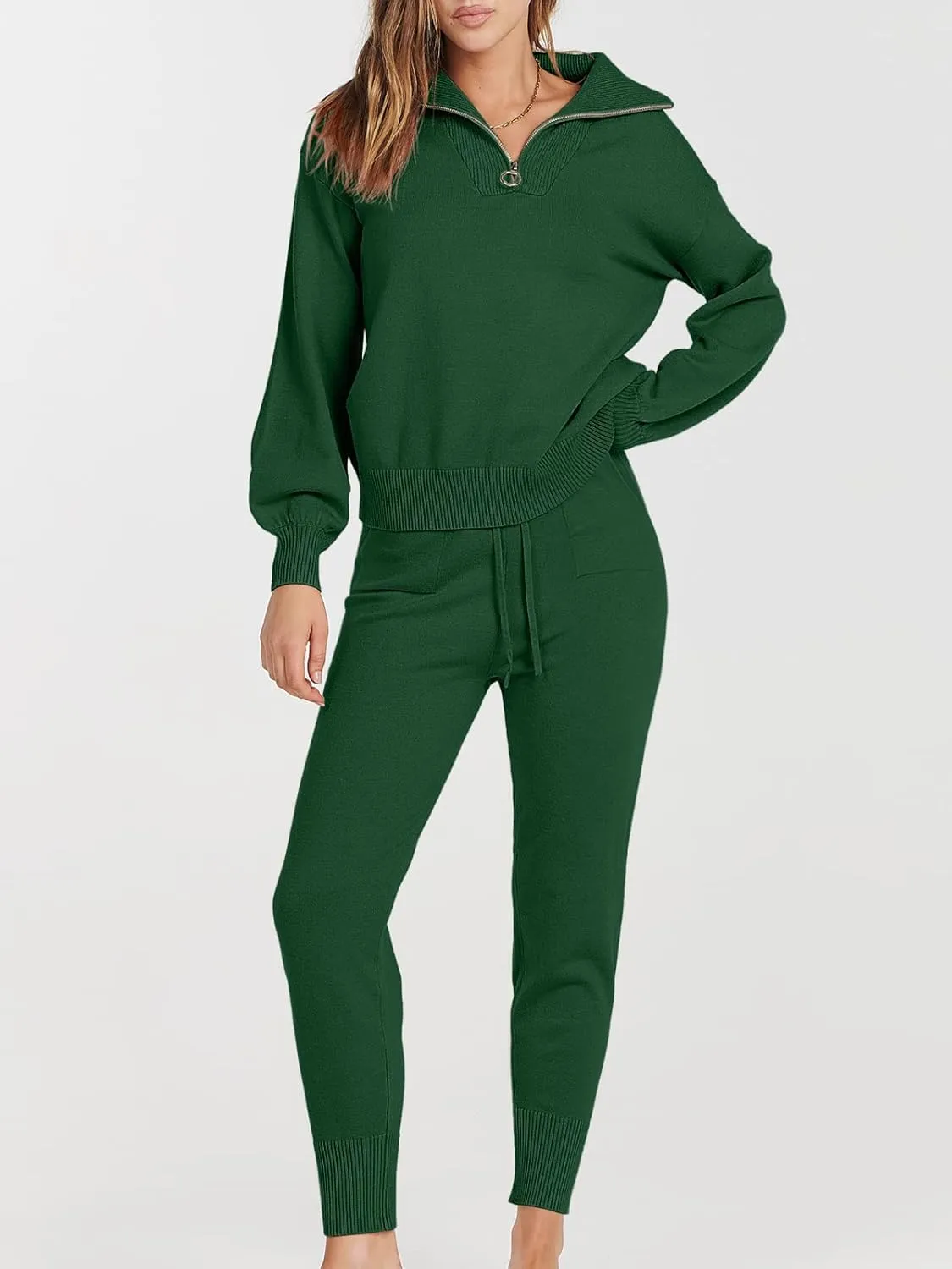 ANRABESS Women's Two Piece Outfits Sweater Sets Long Sleeve Zip Up Knit Pullover Jogger Pants Tracksuit 2024 Fall Lounge Sets