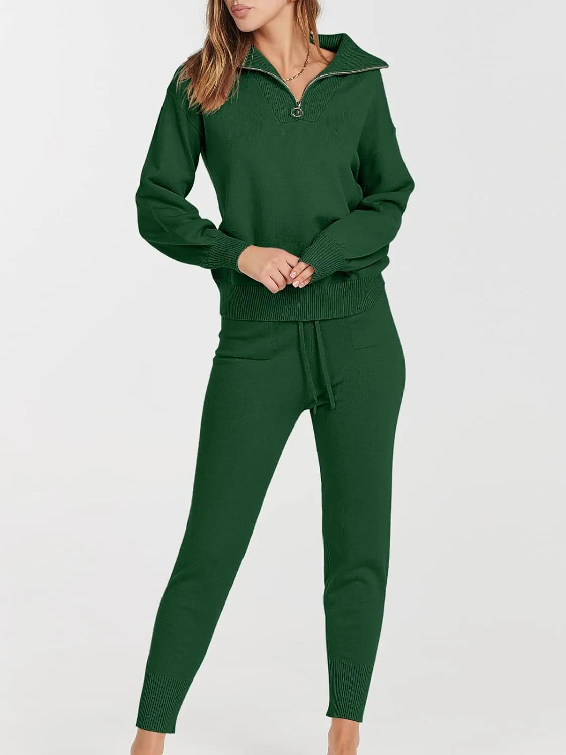 ANRABESS Women's Two Piece Outfits Sweater Sets Long Sleeve Zip Up Knit Pullover Jogger Pants Tracksuit 2024 Fall Lounge Sets