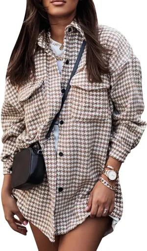 Arssm Plaid Shacket Jacket Women Long Sleeve Oversized Button Down Shirt Houndstooth Flannel Casual Tops
