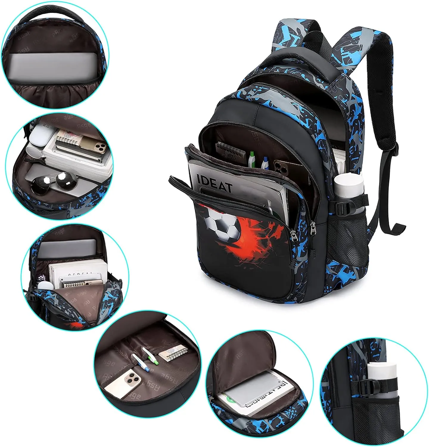 Asge Backpack for School Boys Backpacks for Kids Camo Bookbag for Middle School Bags Waterproof Travel Back Pack (Blue)