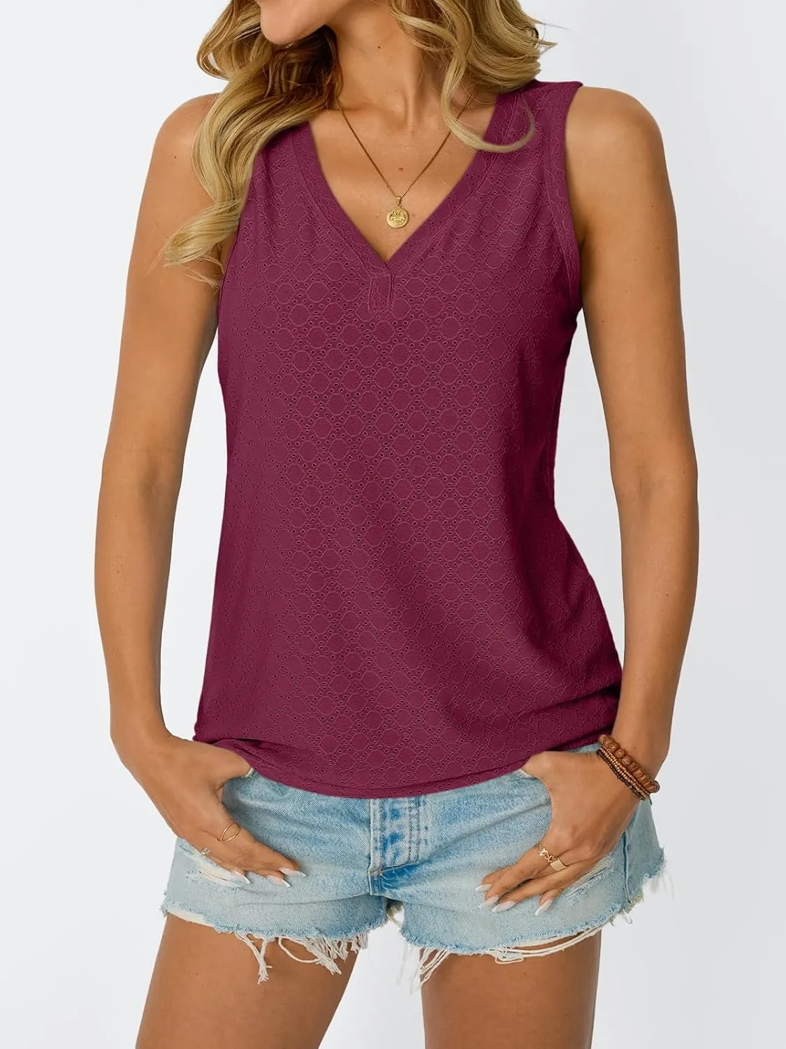 AUTOMET Tank Top for Women Eyelet Embroidery Summer Sleeveless V Neck Flowy Casual Tops Beach Vacation Fashion Boho Shirt