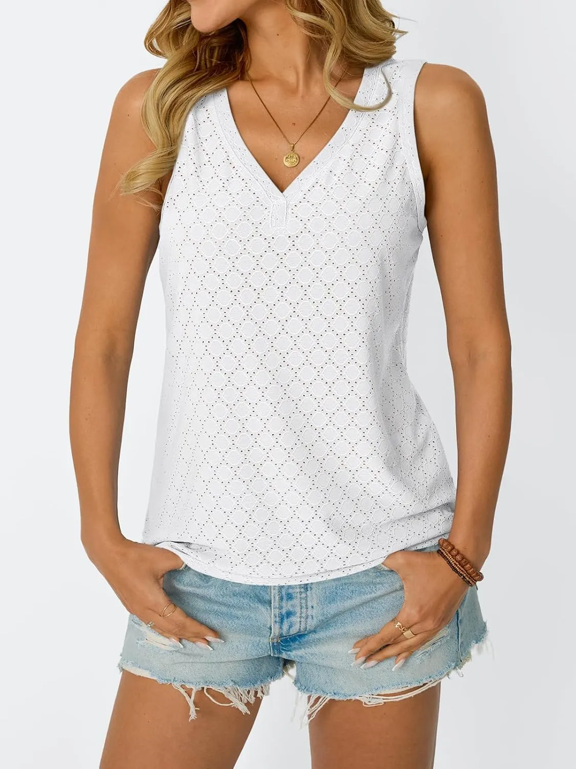 AUTOMET Tank Top for Women Eyelet Embroidery Summer Sleeveless V Neck Flowy Casual Tops Beach Vacation Fashion Boho Shirt