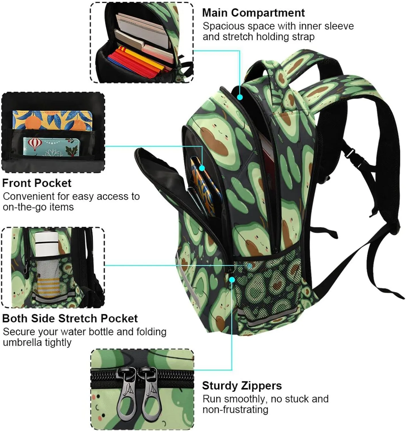 Avocado Backpack for Girls Kids Boys School Bookbags, Student Laptop Backpack Carrying Bag Casual Lightweight Travel Sports Day Packs