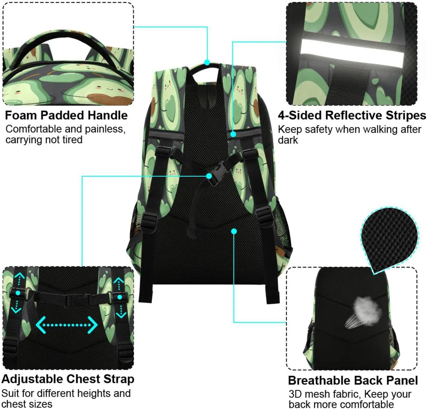 Avocado Backpack for Girls Kids Boys School Bookbags, Student Laptop Backpack Carrying Bag Casual Lightweight Travel Sports Day Packs
