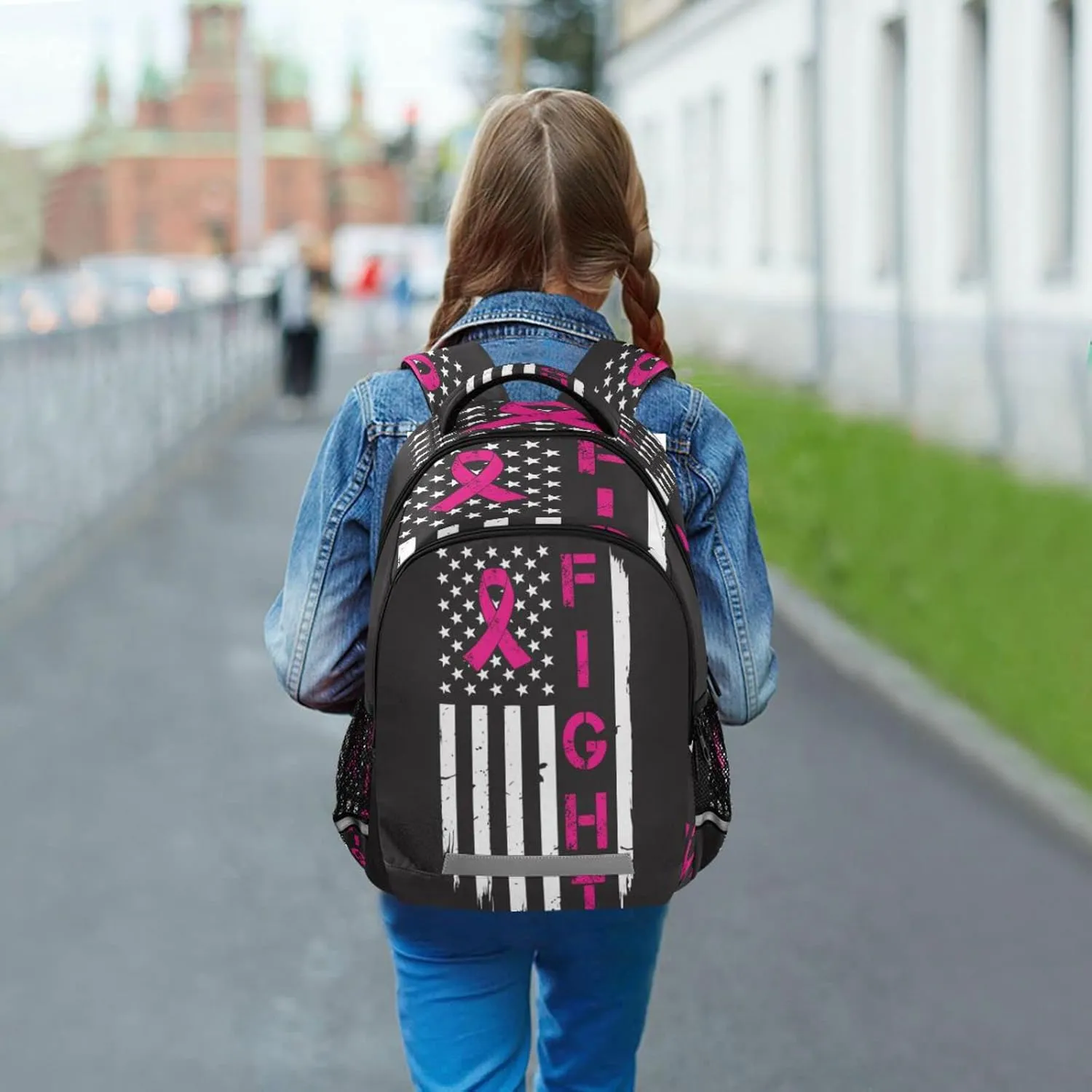 Breast Cancer with American Flag Backpack for Girls Kids Boys School Bookbags,Student Laptop Backpack Carrying Bag Casual Lightweight Travel Sports Day Packs