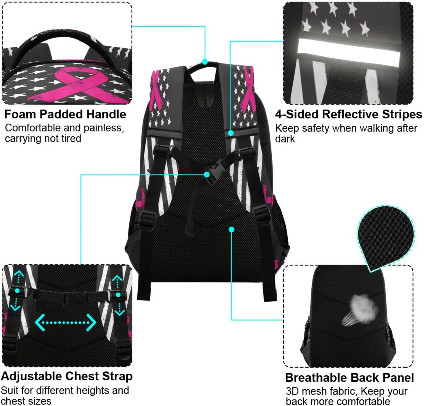 Breast Cancer with American Flag Backpack for Girls Kids Boys School Bookbags,Student Laptop Backpack Carrying Bag Casual Lightweight Travel Sports Day Packs