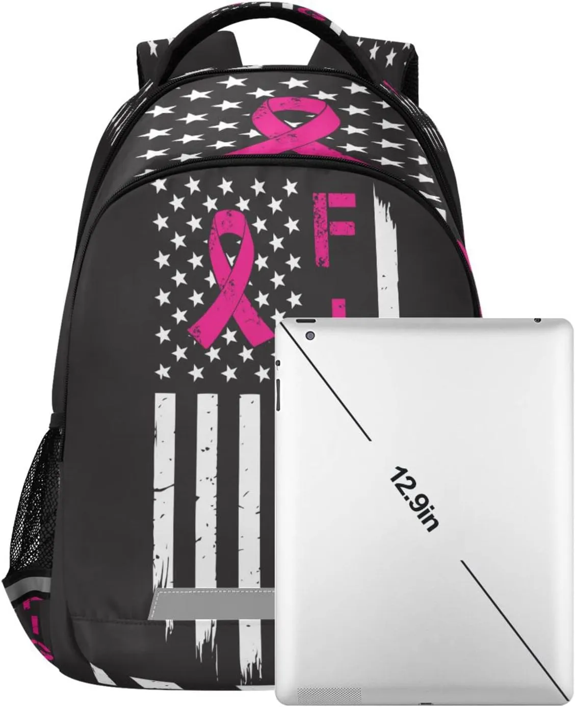 Breast Cancer with American Flag Backpack for Girls Kids Boys School Bookbags,Student Laptop Backpack Carrying Bag Casual Lightweight Travel Sports Day Packs