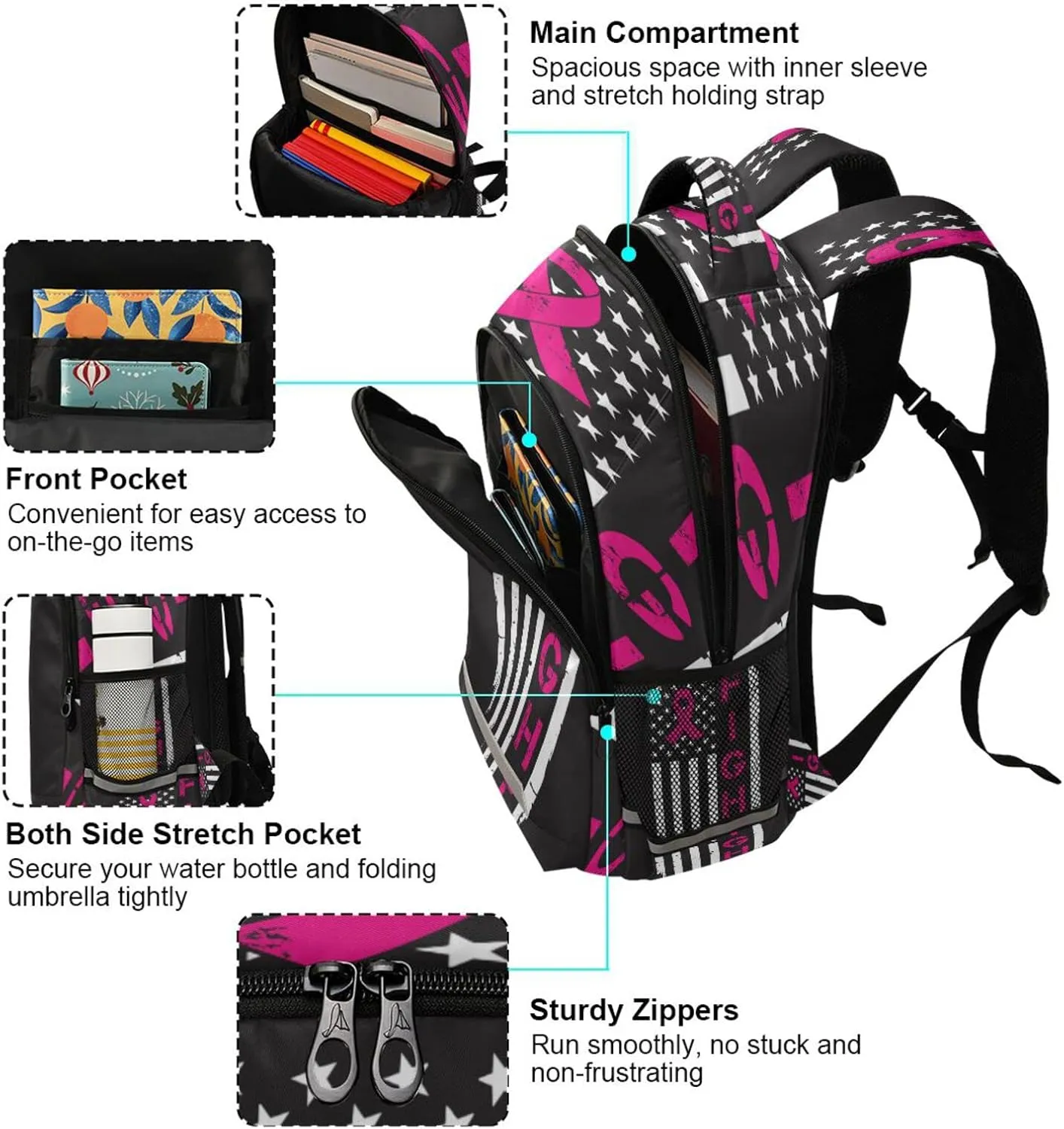 Breast Cancer with American Flag Backpack for Girls Kids Boys School Bookbags,Student Laptop Backpack Carrying Bag Casual Lightweight Travel Sports Day Packs