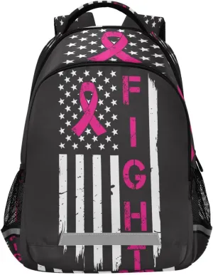 Breast Cancer with American Flag Backpack for Girls Kids Boys School Bookbags,Student Laptop Backpack Carrying Bag Casual Lightweight Travel Sports Day Packs