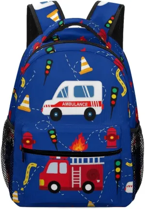 Cartoon Ambulance Fire Truck Travel Backpack Firefighter Pattern Durable Lightweight Laptop Computer Bag for Men Women Adjustable BookBag 16.5 Inches