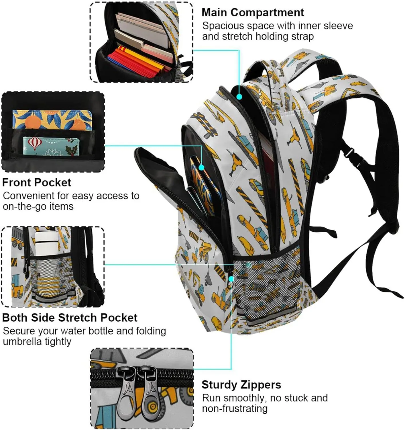 Construction Truck Backpack for Girls Kids Boys School Bookbags, Student Laptop Backpack Carrying Bag Casual Lightweight Travel Sports Day Packs