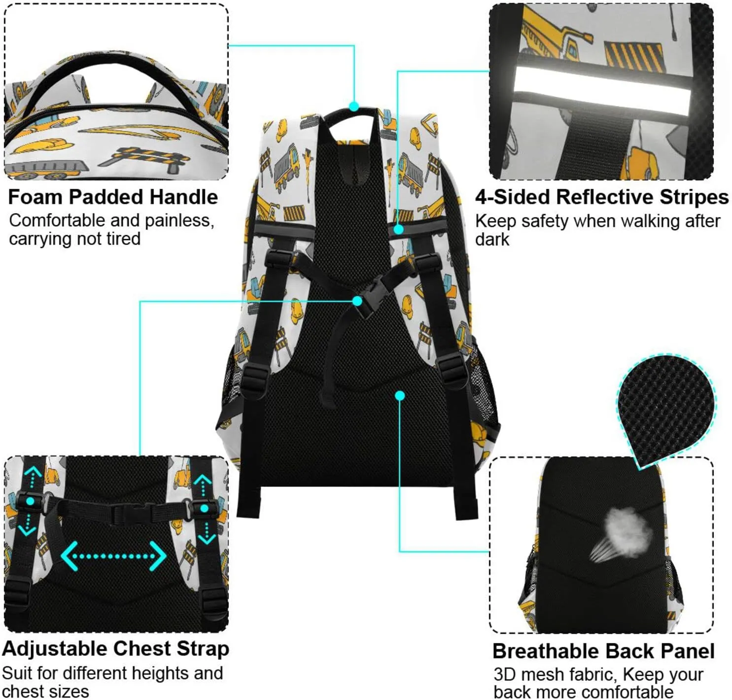 Construction Truck Backpack for Girls Kids Boys School Bookbags, Student Laptop Backpack Carrying Bag Casual Lightweight Travel Sports Day Packs