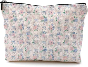 Coquette Blue Bow Floral Makeup Bag, Preppy Pink Ribbon Trellis Cosmetic Bags for Women, Coquette Girly Stuff, Aesthetic Grandmillennial Floral Zipper Makeup Pouch