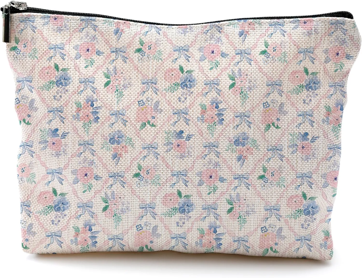 Coquette Blue Bow Floral Makeup Bag, Preppy Pink Ribbon Trellis Cosmetic Bags for Women, Coquette Girly Stuff, Aesthetic Grandmillennial Floral Zipper Makeup Pouch