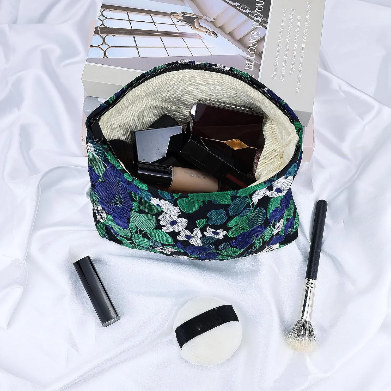 Cosmetic Makeup Bag Large Capacity Purse Travel Toiletry Zipper Storage Pouch Make up Brushes Organizer for Women and Girls Black-Green Flowers