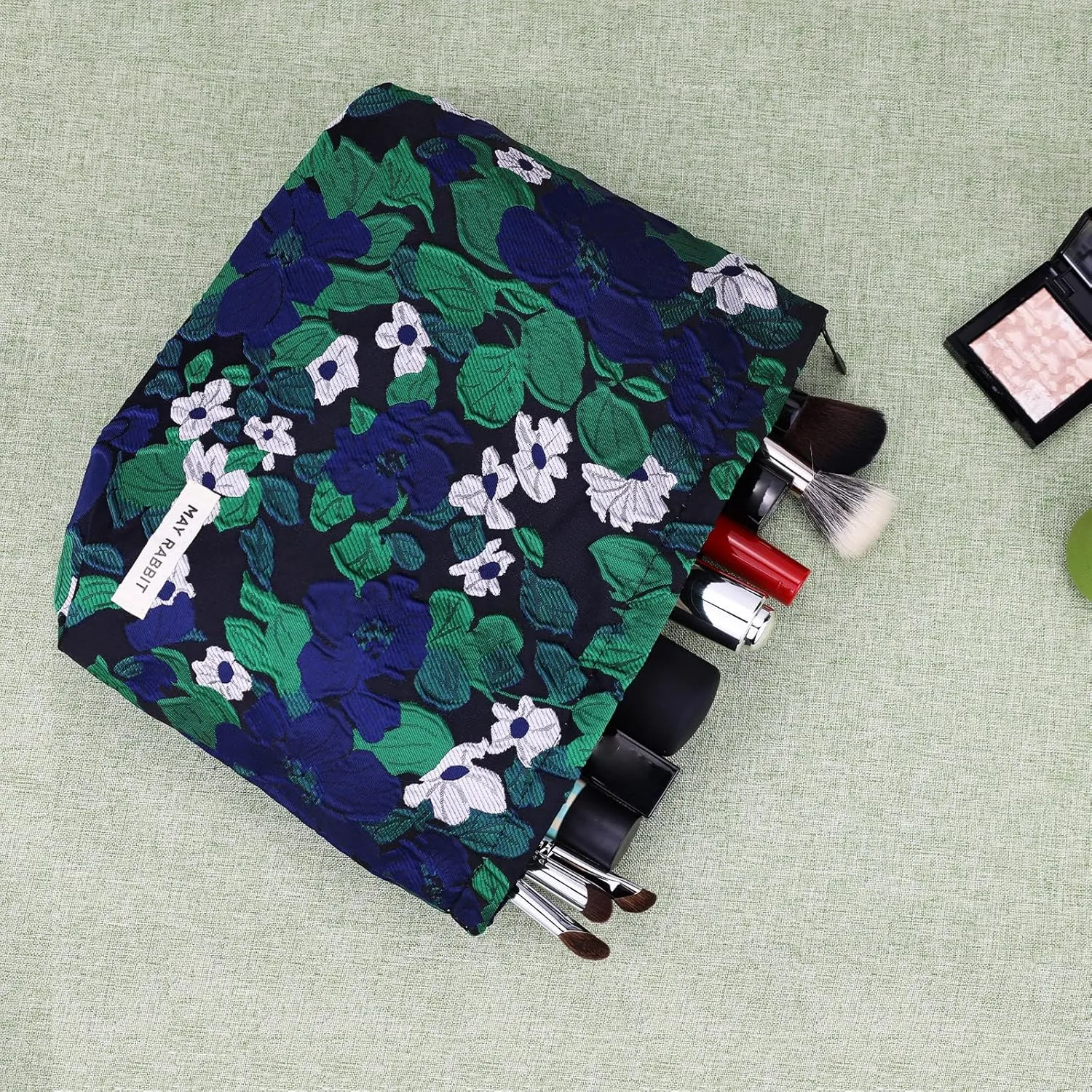 Cosmetic Makeup Bag Large Capacity Purse Travel Toiletry Zipper Storage Pouch Make up Brushes Organizer for Women and Girls Black-Green Flowers